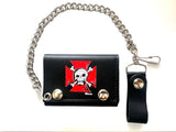 RED CROSS SKULL X BONES TRIFOLD LEATHER WALLETS WITH CHAIN (Sold by the piece)