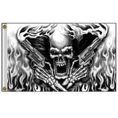 ASSASSIN SMOKING PISTOLS SKULL DELUXE 3' X 5' BIKER FLAG (Sold by the piece  )