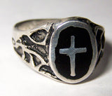 BLACK INLAYED CROSS  SILVER DELUXE BIKER RING (Sold by the piece)
