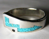 NATIVE TURQUOISE BLUE INLAYED LIGHTNING BOLT SILVER DELUXE BIKER RING (Sold by the piece) *