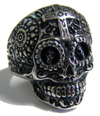 SUGAR SKULL HEAD W CROSS STAINLESS STEEL BIKER RING ( sold by the piece )