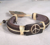 CARVED BONE LEATHER PEACE SIGN BRACELET (Sold by the PIECE OR dozen)