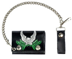 EAGLE ON BRANCH TRIFOLD LEATHER WALLETS WITH CHAIN (Sold by the piece)