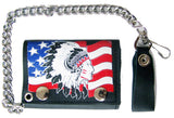 AMERICAN FLAG INDIAN CHIEF TRIFOLD LEATHER WALLET WITH CHAIN (Sold by the piece)