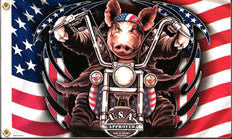 GREAT AMERICAN HOG BIKER PIG ON MOTORCYCLE DELUXE 3' X 5' FLAG (Sold by the piece)