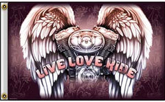 ENGINE WINGS LIVE LOVE RIDE DELUXE 3 x 5 BIKER FLAG (Sold by the piece)