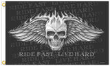 SKULL WINGS LIVE HARD DELUXE 3' x 5' BIKER FLAG (Sold by the piece)