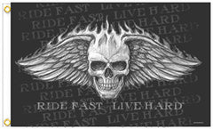 SKULL WINGS LIVE HARD DELUXE 3' x 5' BIKER FLAG (Sold by the piece)