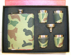 CAMOFLAGUE FLASK SET W FOUR SHOT GLASSES (Sold by the piece) - CLOSEOUT $ 7.50 EA