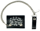 PILE OF SKULL HEADS TRIFOLD LEATHER WALLETS WITH CHAIN (Sold by the piece)