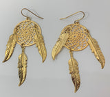 3INCH METAL DREAM CATCHER GOLD  DANGLE EARRINGS WITH FEATHERS (SOLD BY THE PAIR)