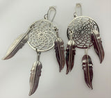3INCH METAL DREAM CATCHER SILVER DANGLE EARRINGS WITH FEATHERS (SOLD BY THE PAIR)