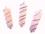 LARGE 2" FLAT ROSE QUARTZ COIL WRAPPED STONE PENDANT (sold by the piece or bag of 10 )