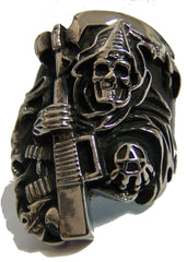 ANARCHY GRIM REAPER W MACHINE GUN STAINLESS STEEL BIKER RING ( sold by the piece )