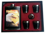 EAGLE WITH SUNRISE FLASK SET W FOUR SHOT GLASSES & FUNNEL (Sold by the piece)