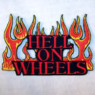HELL ON WHEELS FLAME 4 INCH  PATCH (Sold by the piece or dozen) CLOSEOUT NOW AS LOW AS .75 CENTS EA