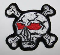 RED EYES SKULL & CROSS BONES 3 INCH PATCH  ( sold by the piece ) CLOSEOUT AS LOW AS .75 CENTS EA