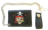 Embroidered PIRATE SKULL & CROSS BONES TRIFOLD LEATHER WALLET WITH CHAIN (Sold by the piece)