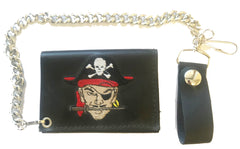 Embroidered PIRATE SKULL & CROSS BONES TRIFOLD LEATHER WALLET WITH CHAIN (Sold by the piece)