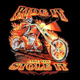 RIDE IT STOLE IT SKELETON ON MOTORCYCLE BIKER SLEEVE TEE SHIRT  (Sold by the piece)