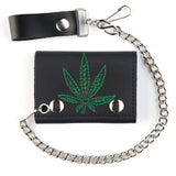 MARIJUANA POT LEAF TRIFOLD LEATHER WALLETS WITH CHAIN (Sold by the piece)