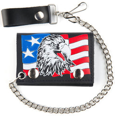 USA PATROIT EAGLE TRIFOLD LEATHER WALLETS WITH CHAIN (Sold by the piece)