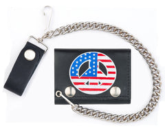 USA PEACE SIGN TRIFOLD LEATHER WALLETS WITH CHAIN (Sold by the piece)
