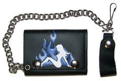 TRUCKER MUDFLAP GIRL BLUE FLAMES TRIFOLD LEATHER WALLETS WITH CHAIN (Sold by the piece)