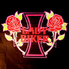 LADY BIKER WITH ROSES IRON CROSS CLOTH 45 INCH WALL BANNER / FLAG  (Sold by the piece)-* CLOSEOUT $2.95 EA
