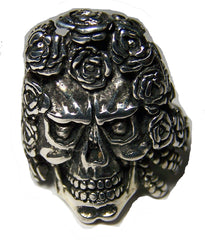 SKULL HEAD WITH ROSE HAIR BIKER RING  (Sold by the piece) **-  CLOSEOUT AS LOW AS $ 2.50 EA