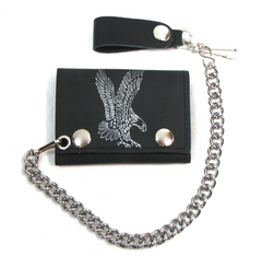 SILVER EAGLE LANDING TRIFOLD LEATHER WALLETS WITH CHAIN (Sold by the piece)