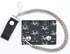 MULTI SKULL AND CROSS BONES  TRIFOLD LEATHER WALLETS WITH CHAIN (Sold by the piece)