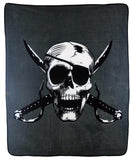 PIRATE SKULL CUTLASS W EYE PATCH & CROSSED SWORDS LARGE 50X60 IN PLUSH THROW BLANKET ( sold by the piece )
