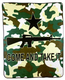 CAMOUFLAGE COME AND TAKE IT RIFLE GUN LARGE 50X60 IN PLUSH THROW BLANKET ( sold by the piece )