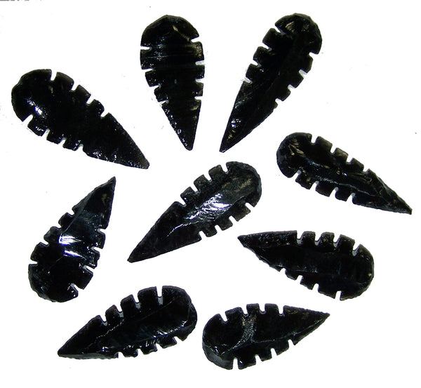 SERRATED BLACK OBSIDIAN STONE LARGE 2 TO 3 INCH ARROWHEADS ( sold by t