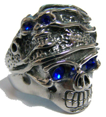 BLUE EYES SKELETON W SKULL HEAD HAT STAINLESS STEEL BIKER RING ( sold by the piece )