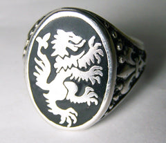 INLAYED GRIFFIN DRAGON SILVER DELUXE BIKER RING (Sold by the piece) *