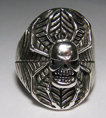 SKULL HEAD SPIDER IN WEB BIKER RING  (Sold by the piece) *-  CLOSEOUT AS LOW AS $ 3.75 EA