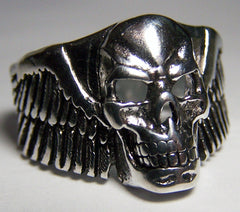 SKULL WITH WRAPPED AROUND WINGS BIKER RING  (Sold by the piece)