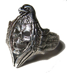 INDIAN SKULL W EAGLE HAT & FEATHER SIDES BIKER RING  (Sold by the piece) *