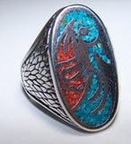 INLAYED NATIVE DRAGON SILVER DELUXE BIKER RING (Sold by the piece) *