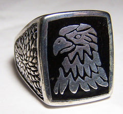 INLAYED EAGLE HEAD SILVER DELUXE BIKER RING (Sold by the piece) *