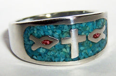 INLAYED CHRISTIAN FISH SYMBOL & CROSS DELUXE BIKER RING (Sold by the piece) *