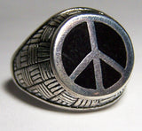 INLAYED BLACK PEACE SIGN SILVER DELUXE BIKER RING (Sold by the piece) *-  CLOSEOUT AS LOW AS $ 2.95 EA