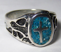size 7 BLUE INLAYED CROSS  SILVER DELUXE BIKER RING (Sold by the piece) *