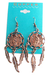 SOLID COPPER KOKOPELLI DANCING INDIAN MAN DREAM CATCHER DANGLE EARRINGS  ( sold by the  piece )