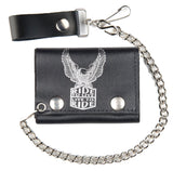 RIDE TO LIVE EAGLE WINGS UP  TRIFOLD LEATHER WALLETS WITH CHAIN (Sold by the piece)