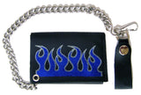 EMBROIDERED BLUE FLAMES TRIFOLD LEATHER WALLET WITH CHAIN (Sold by the piece)