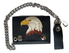 EMBROIDERED EAGLE HEAD TRIFOLD LEATHER WALLET WITH CHAIN (Sold by the piece)
