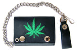 EMBROIDERED GREEN MARIJUANA LEAF TRIFOLD LEATHER WALLET WITH CHAIN (Sold by the piece)